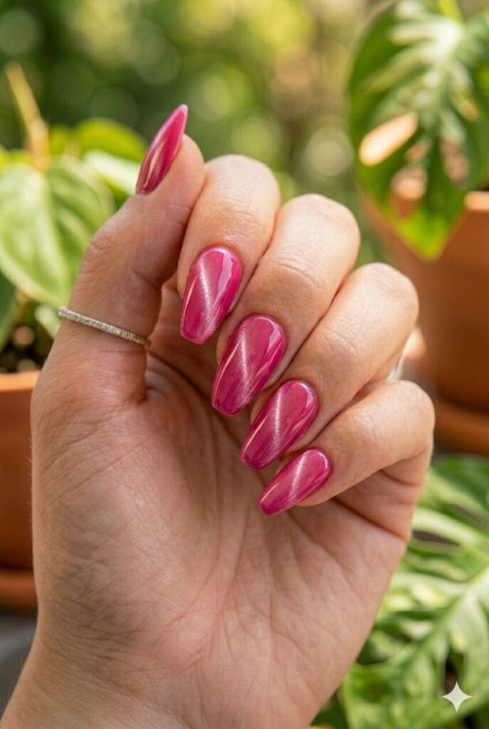 Almond nails with vivid pink cat eye shifting shimmer finish