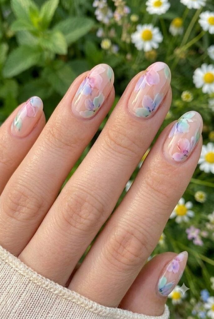 Oval nails with soft watercolor flower bloom nail art