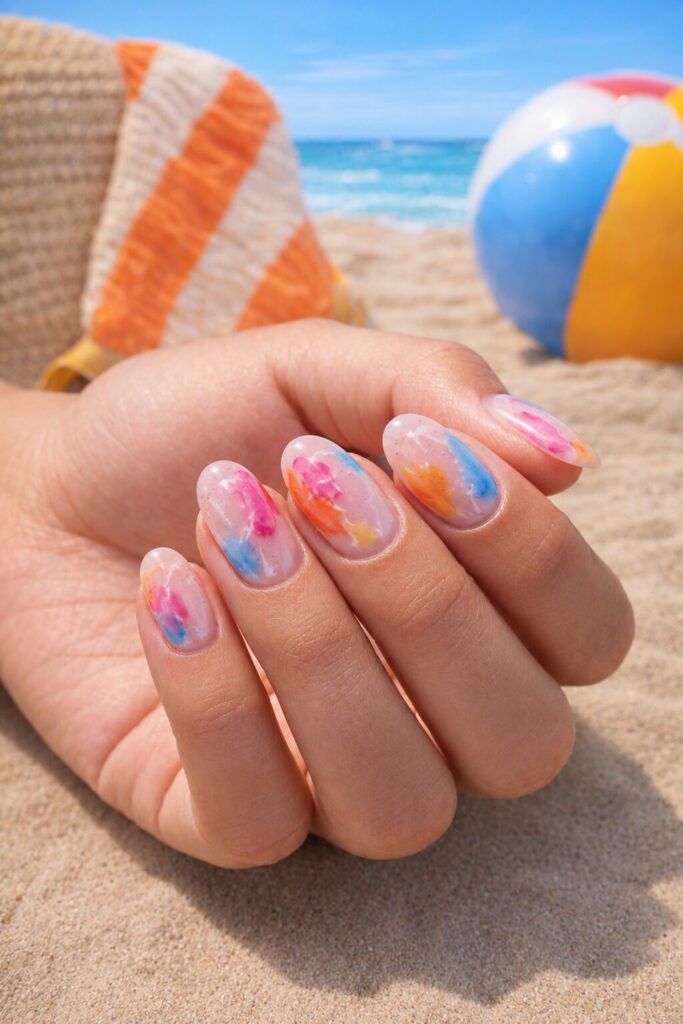 Sheer nails with soft watercolor splashes in summer colors