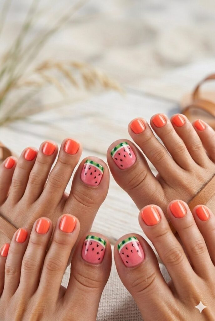 Pink toe nails with watermelon art on the big toes