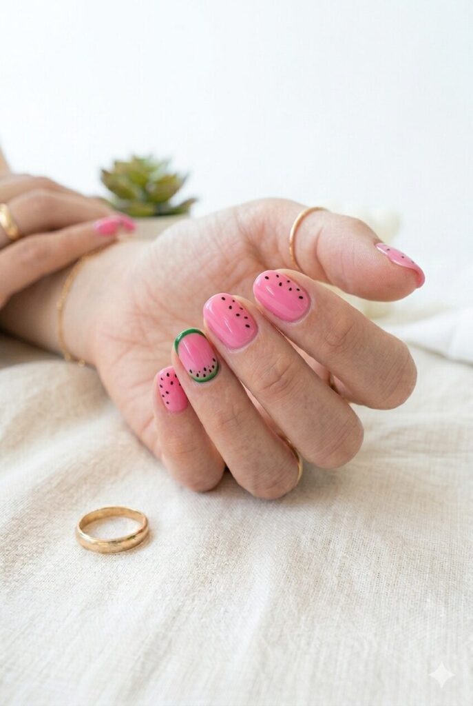 Pink simple short summer nail ideas with tiny black dots and green watermelon accent