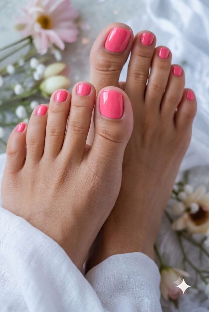 Bright watermelon pink toenails for a juicy summer look