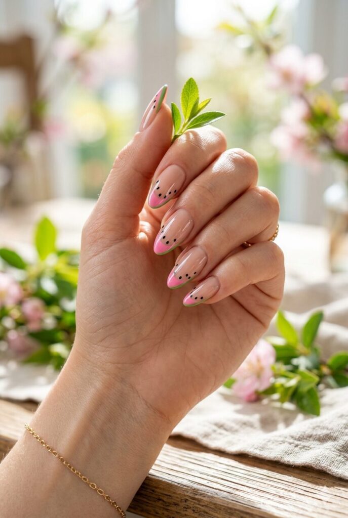 Nude nails with pink watermelon tips and seed details