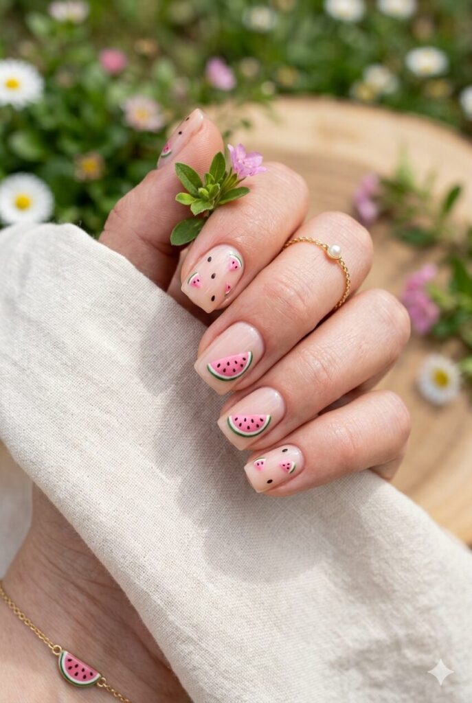 Nude nails with tiny watermelon and black seed art