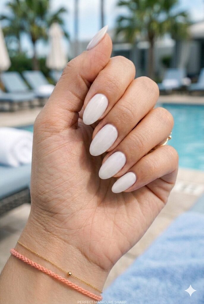 Almond nails with off-white polish and smooth high-gloss finish