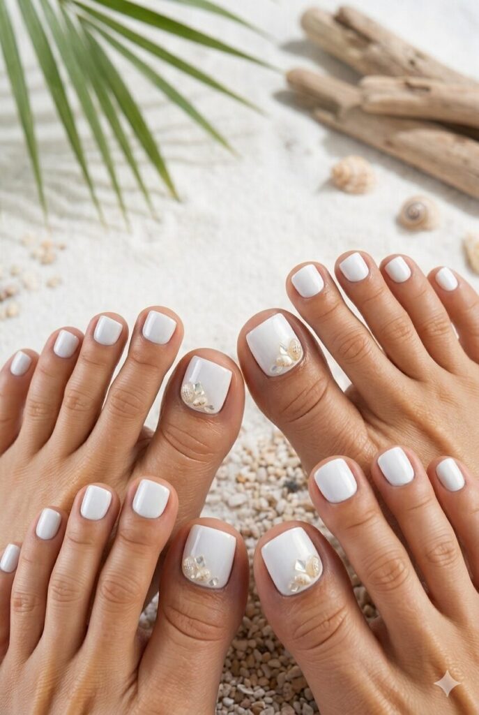 White toe nails with tiny shell art on the big toes