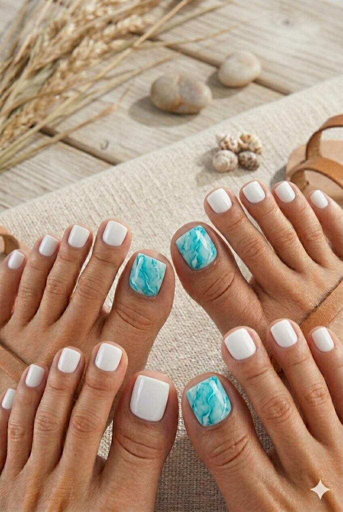 White toe nails with turquoise marble art on the big toes