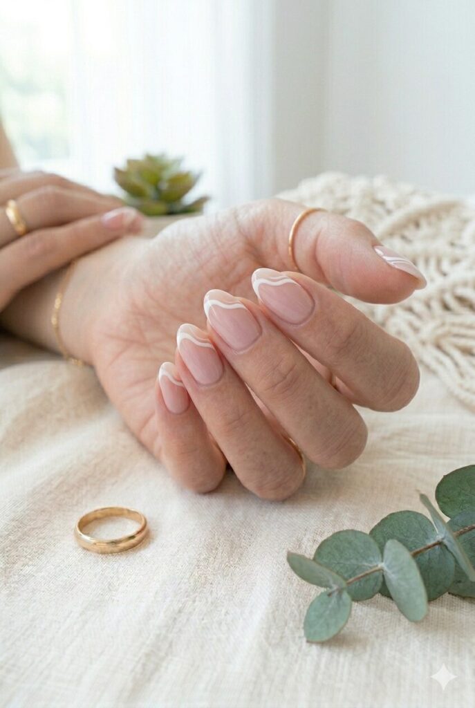 Short almond nails with nude base and white wavy French tips