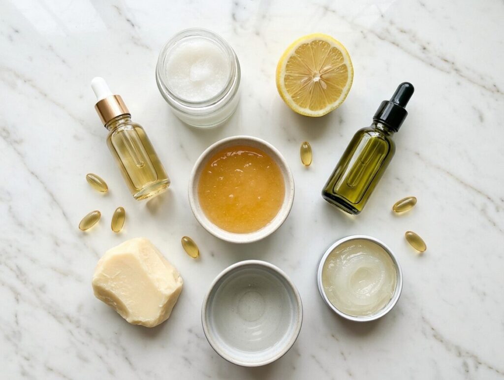 Seven natural home remedies for dry cuticles including cuticle oil, coconut oil, honey, olive oil, petroleum jelly, vitamin E, shea butter, and lemon