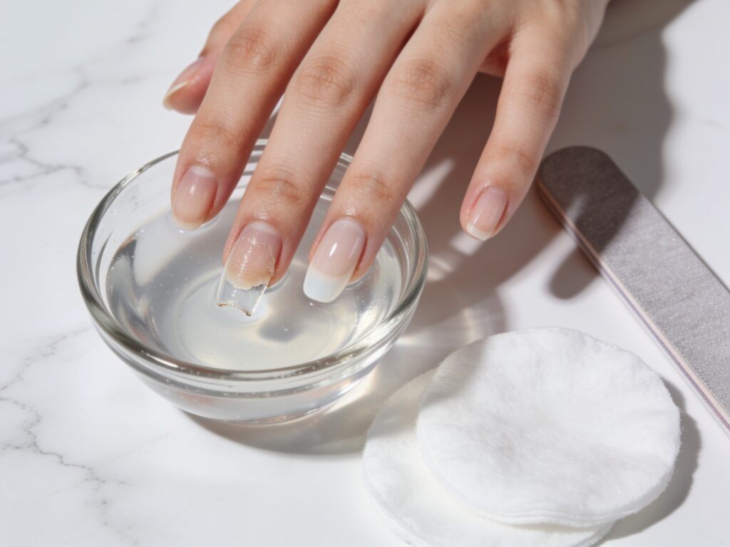 Acetone soak method to remove press on nails without damage showing dissolved glue
