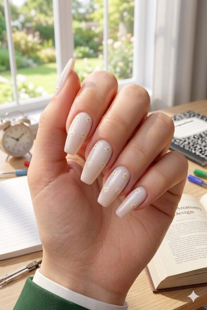 Long coffin acrylic nails with nude glossy polish