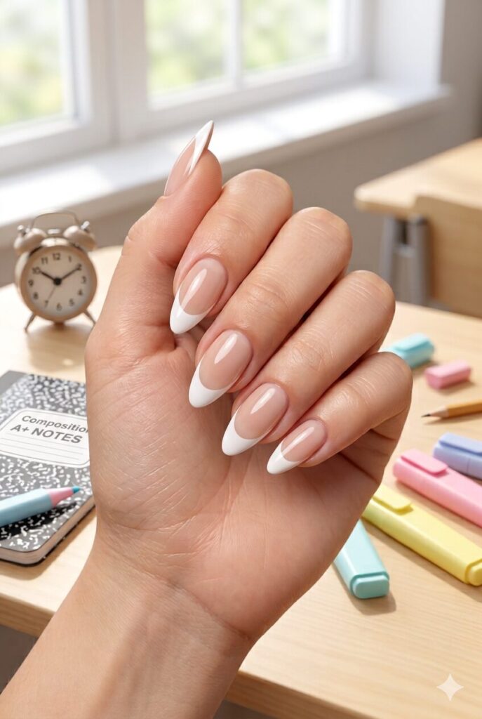 Long almond acrylic nails with nude base and bright white French tips
