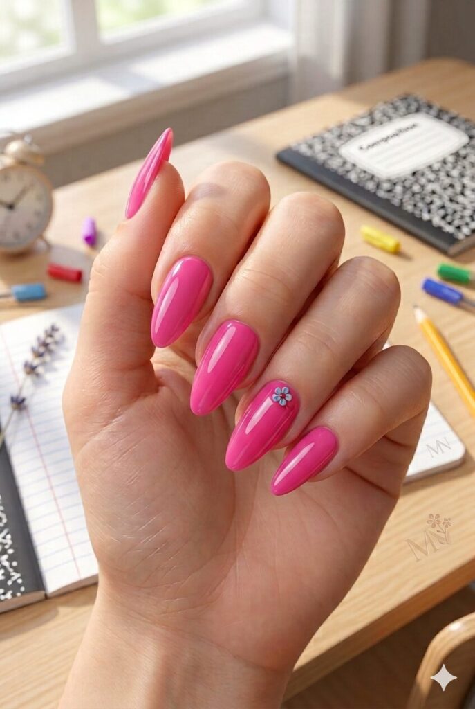 Long almond acrylic nails with bright pink glossy polish