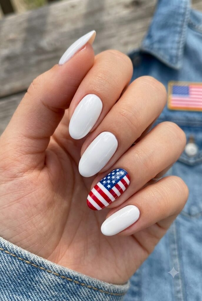 Short almond nails with white base and full American flag accent nail
