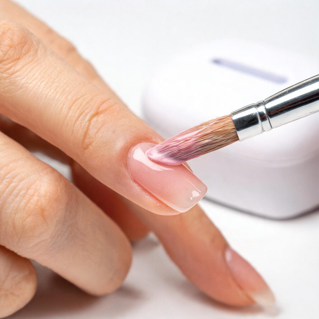 Applying builder gel for natural nails with gel brush showing thin sheer layer