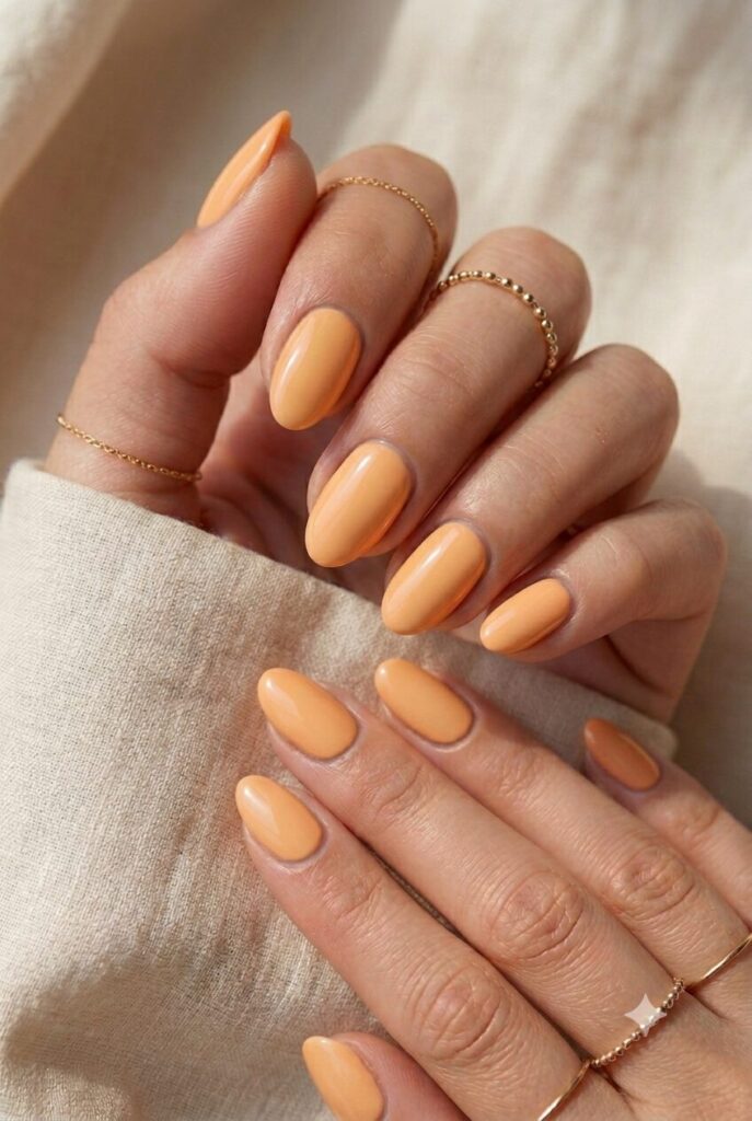 Short oval nails with creamy apricot orange glazed finish