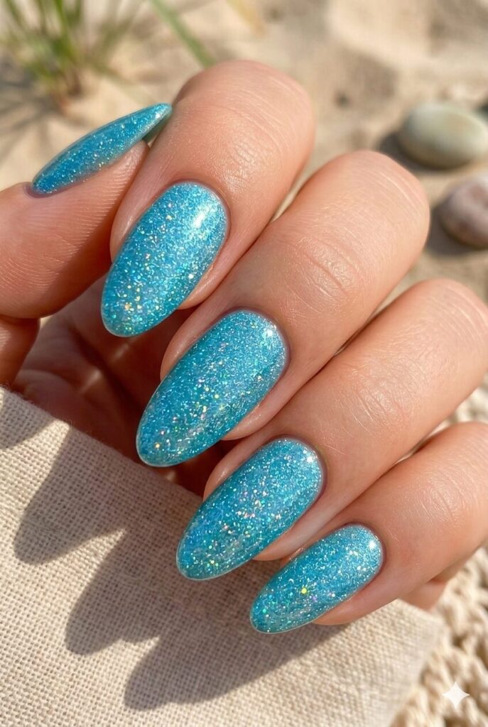 Aqua blue almond nails with fine glitter shimmer