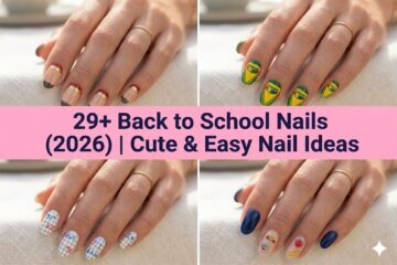 Collage of back to school nails for 2026 with cute cozy fall designs
