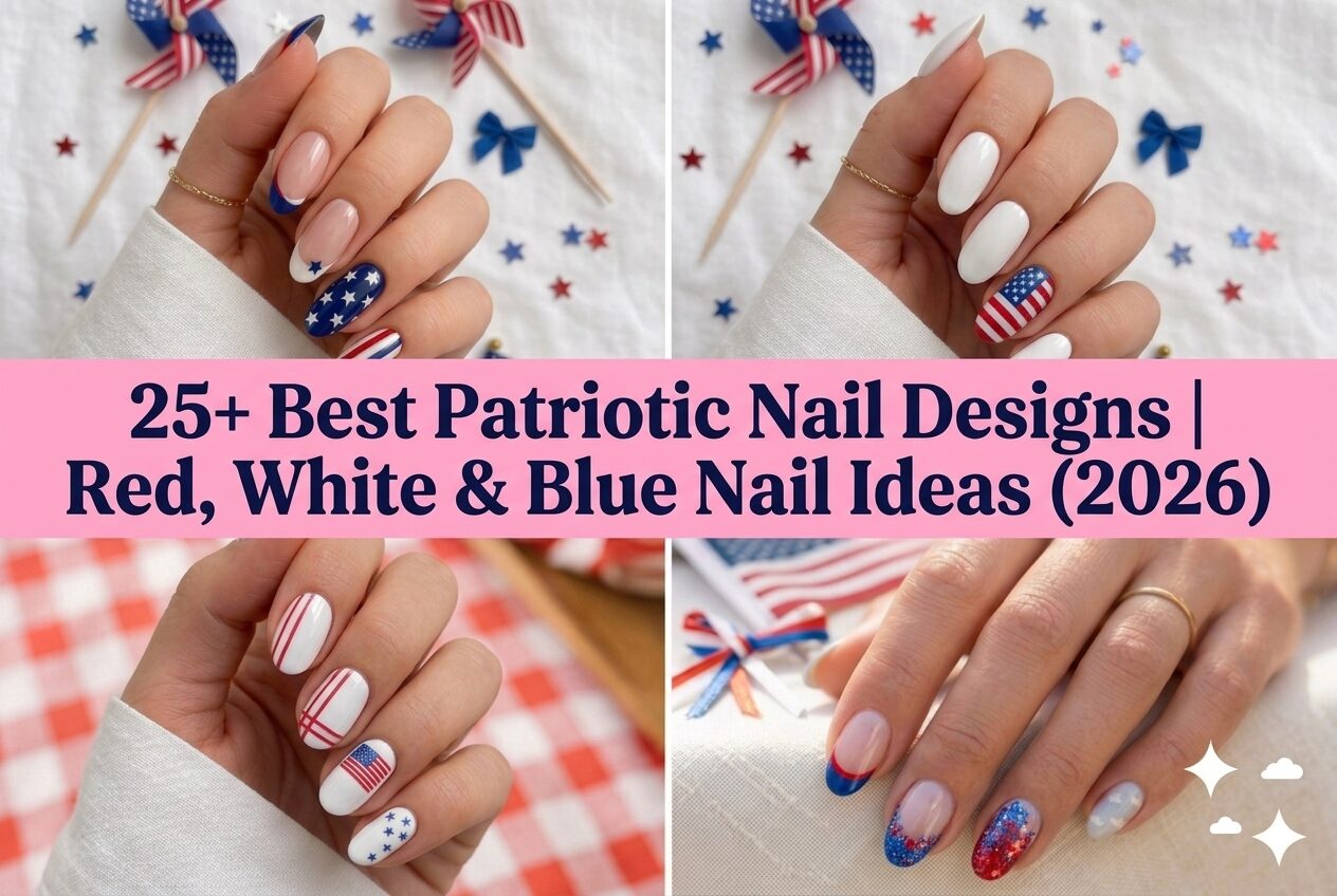 Collage of best patriotic nail designs for 2026 with American flag stars and stripes