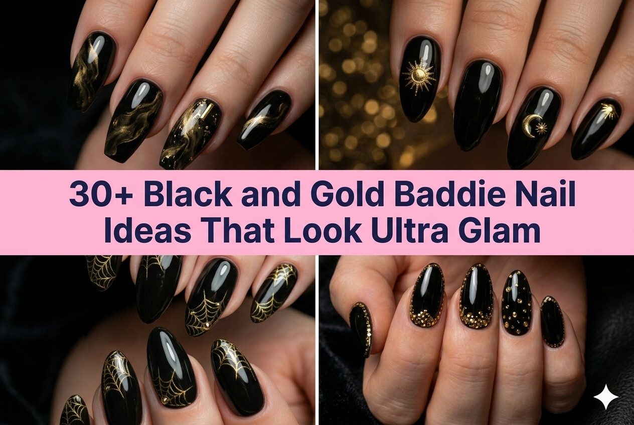 Collage of black and gold baddie nail ideas with ultra glam designs
