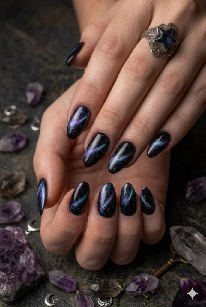Almond nails with black cat eye polish and shifting shimmer effect