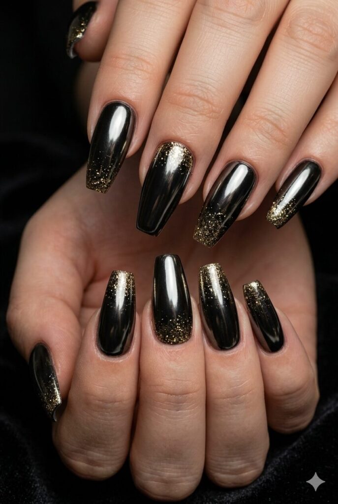 Coffin nails with black chrome polish and fine gold glitter