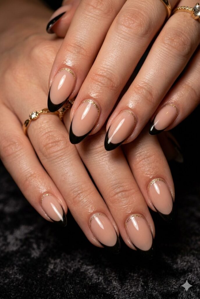 Almond nails with nude base black French tips and gold glitter