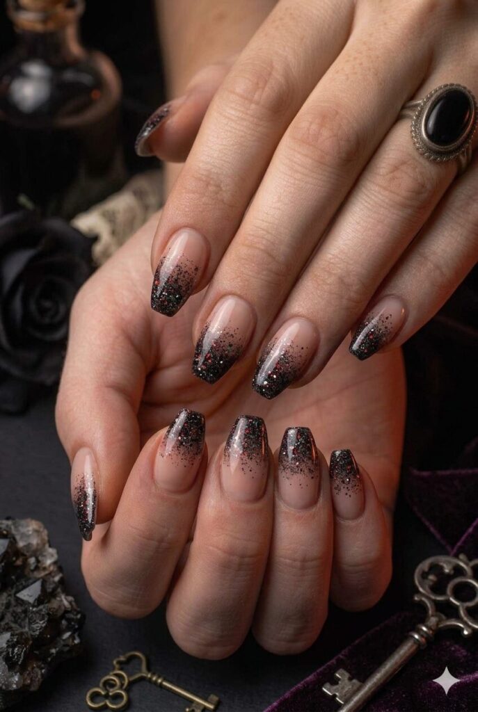 Coffin almond nails with nude base fading into black glitter tips