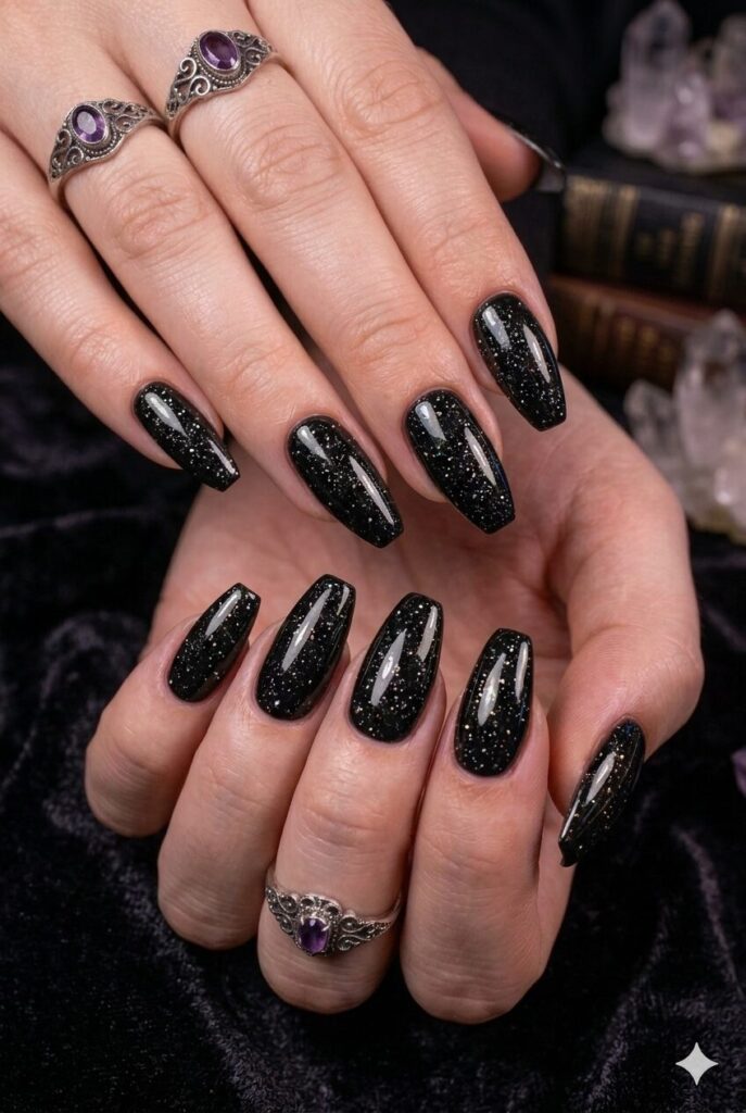 Almond coffin nails with glossy black polish and fine glitter
