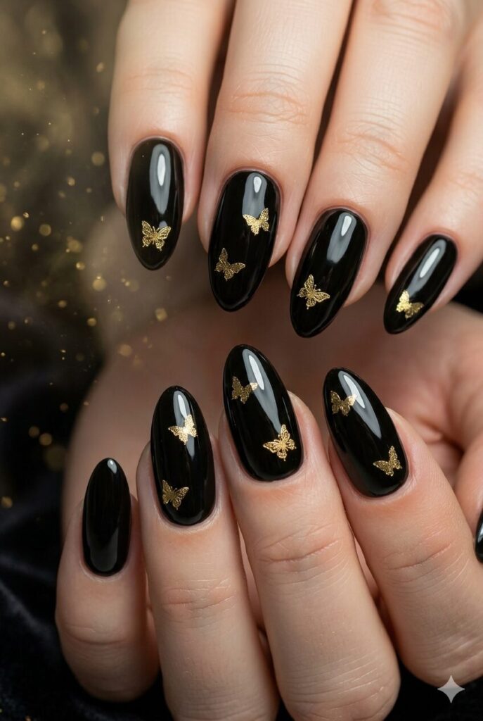 Almond nails with glossy black base and tiny gold butterfly accents