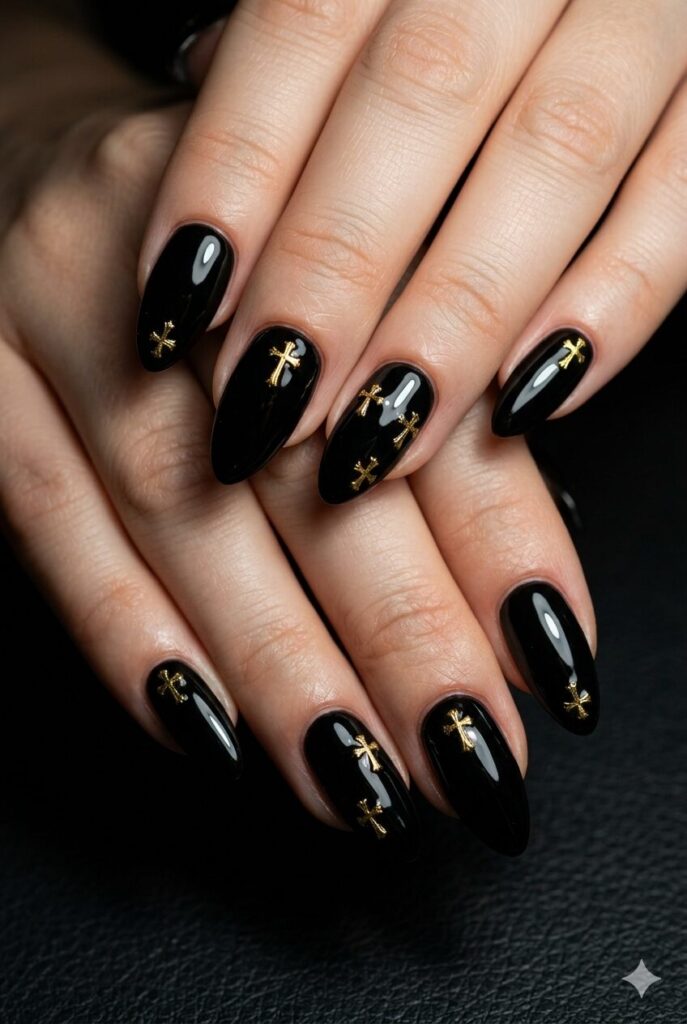 Almond nails with glossy black base and tiny gold cross accents
