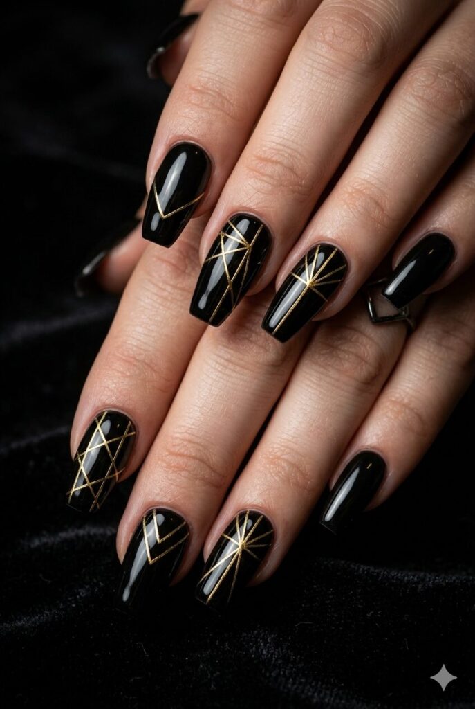 Coffin nails with glossy black base and thin gold geometric line art
