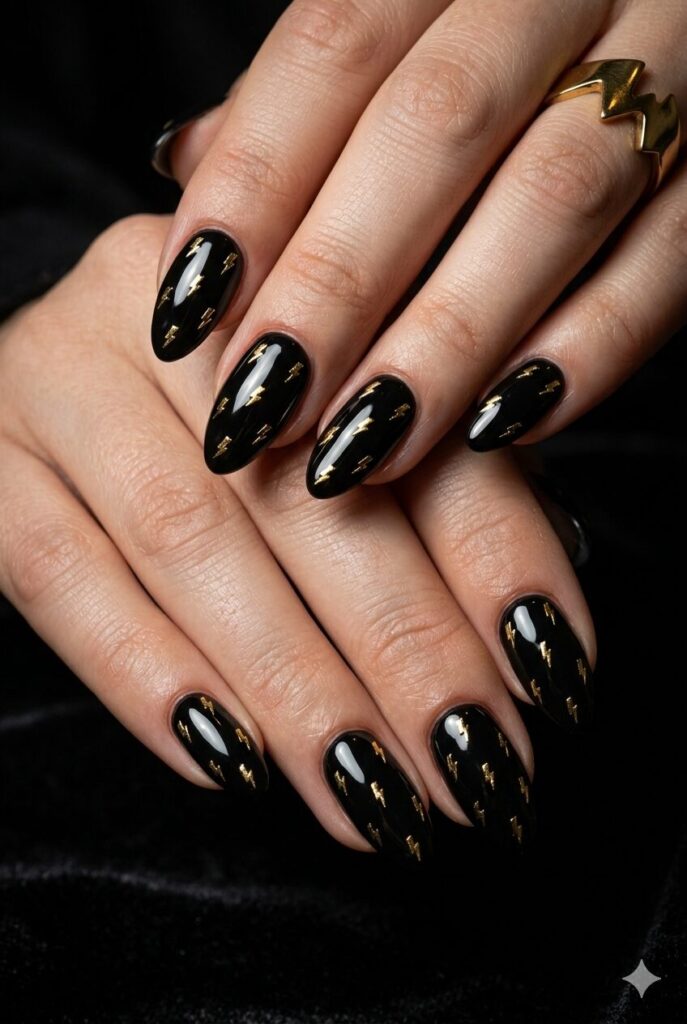 Almond nails with glossy black base and tiny gold lightning bolts