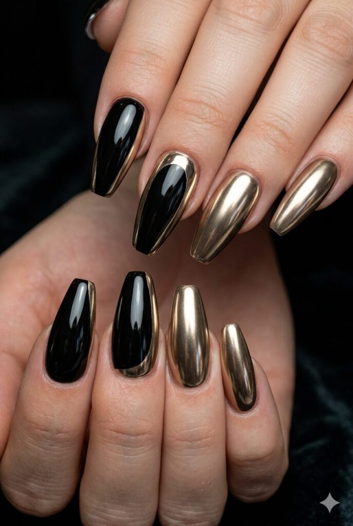 Coffin almond nails with glossy black and gold mirror chrome shine