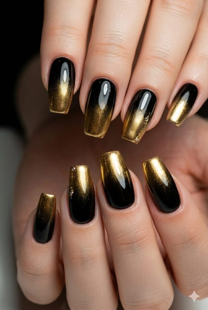 Coffin almond nails with black fading into glossy gold ombre