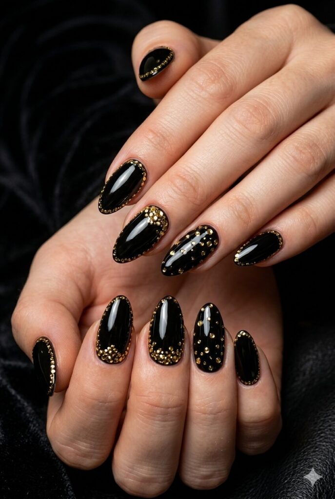 Almond nails with glossy black base and gold sequin sparkle accents