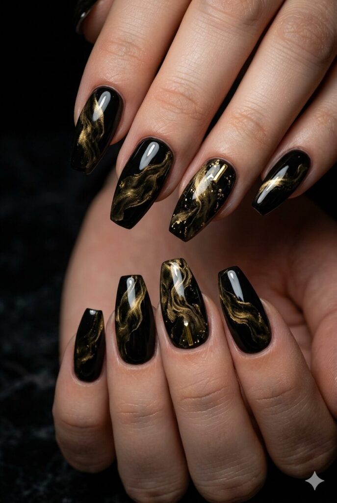 Coffin almond nails with black gold smoke and marble swirl art
