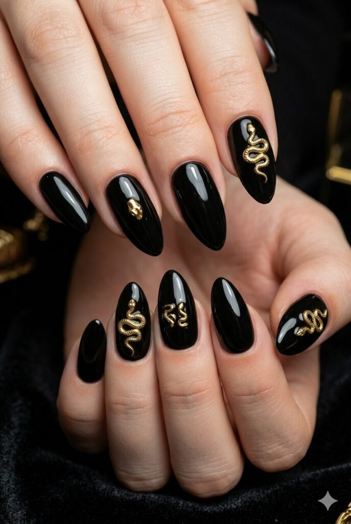 Almond nails with glossy black base and tiny gold snake accents