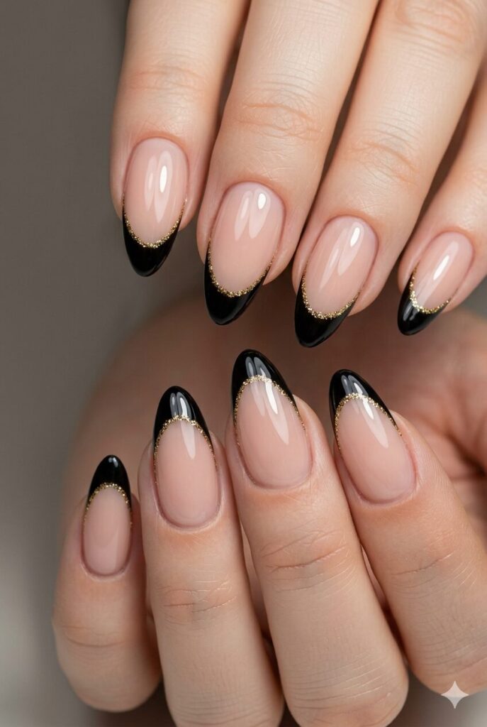Almond nails with black French tips and gold sparkle along edges