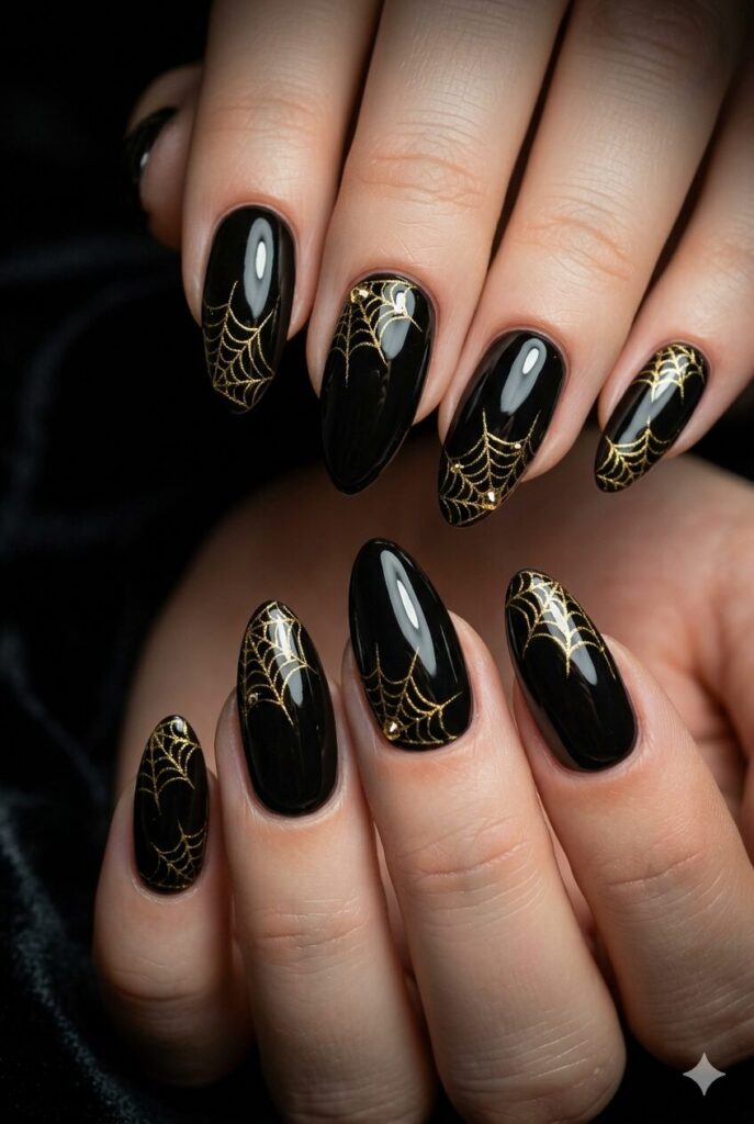 Long almond nails with glossy black base and gold spider web art
