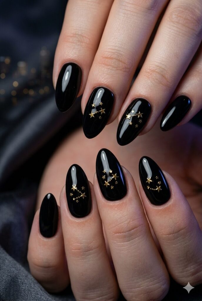 Black almond nails with tiny gold star accents