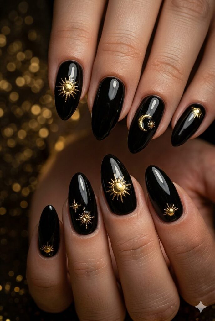 Almond nails with glossy black base and tiny gold sunburst accents