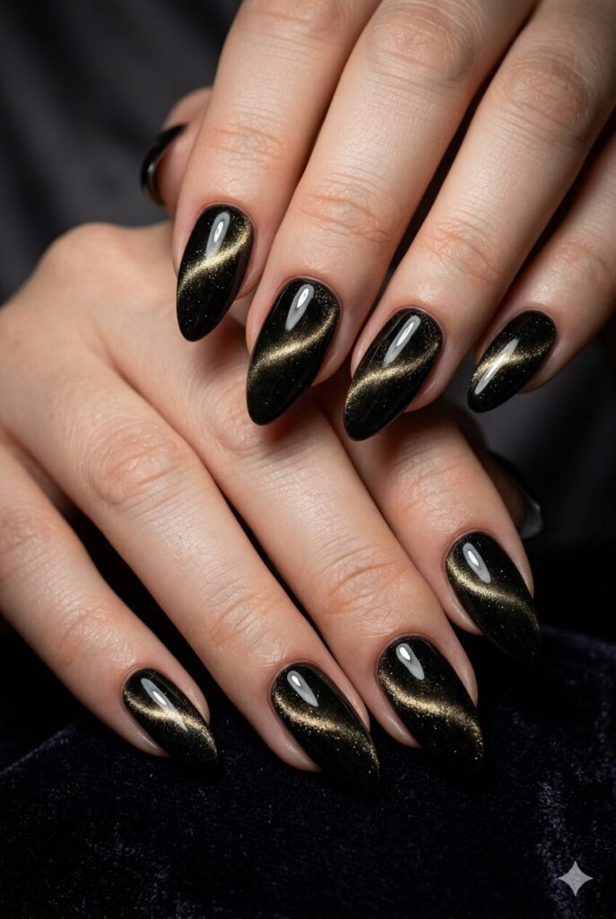 Almond nails with black cat eye polish and soft gold shimmer