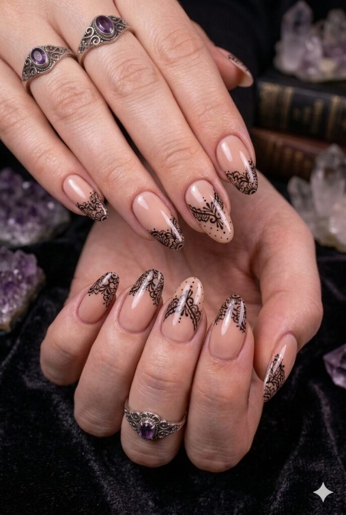 Almond nails with nude base and delicate black lace pattern art