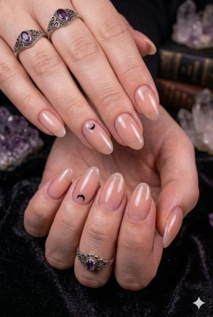 Short almond nails with nude base and tiny black crescent moon accents