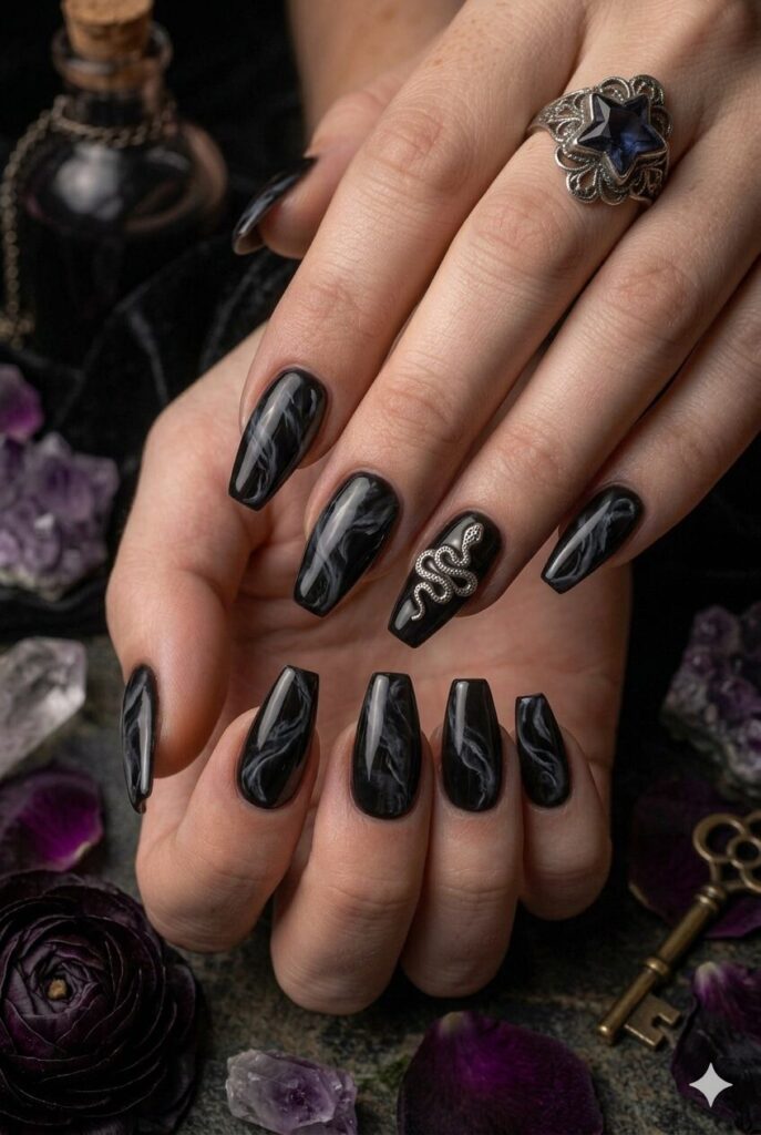 Coffin almond nails with black polish and gray smoke marble art