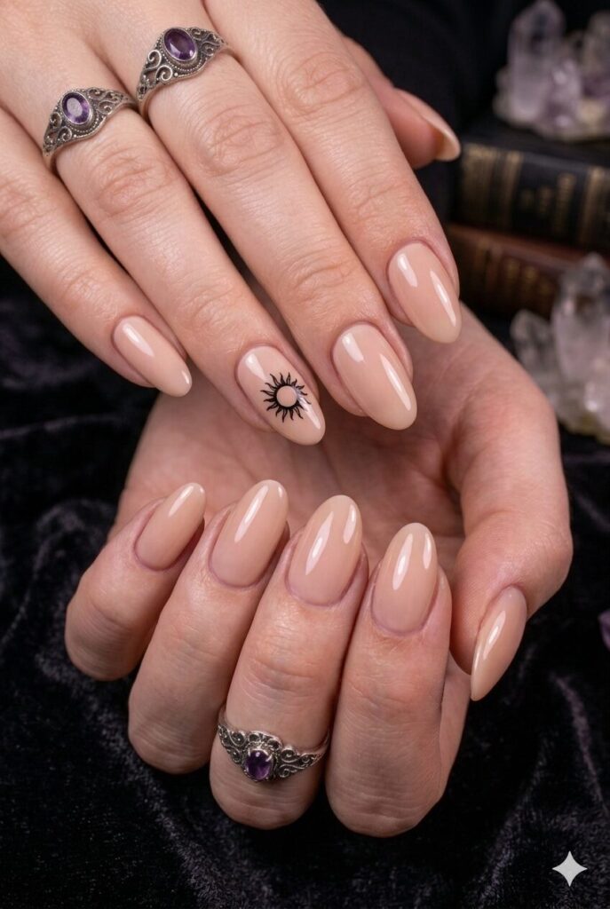Short almond nails with nude base and tiny black sun accent