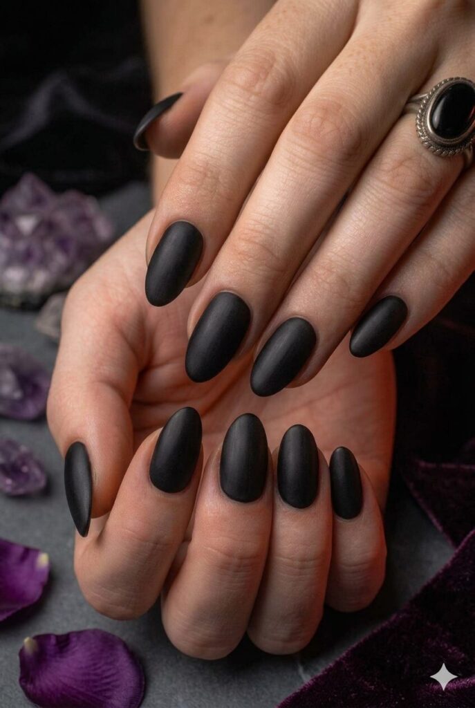 Almond nails with smooth matte velvet black polish
