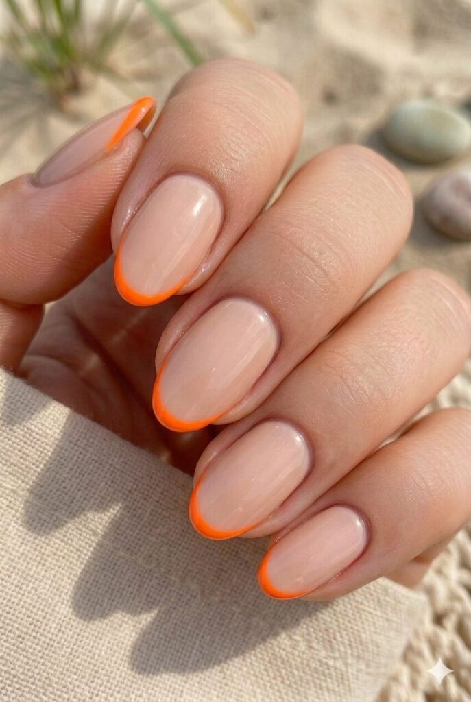 Nude almond nails with thin bright orange French tip outlines