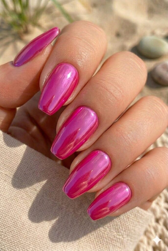 Bright pink chrome almond coffin nails with mirror finish